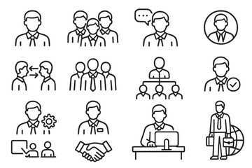 Collection of professional icons representing teamwork, communication, and business activities in a corporate setting