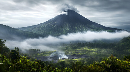 Misty clouds shroud the volcanic Mount Hood, a majestic snow-capped peak in the Oregon nature landscape