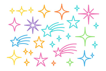 Colorful icon set featuring stars and sparkles suitable for various graphic design projects and creative uses