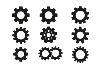 Icon set featuring various gear designs for industrial and mechanical applications
