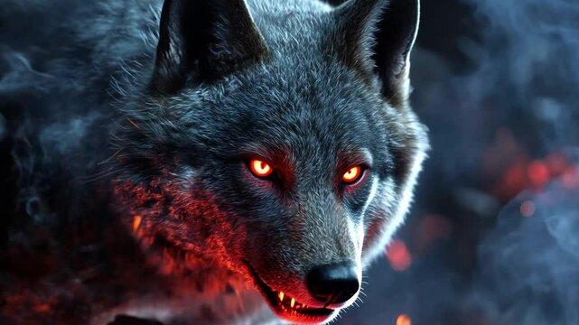 Fierce Black Wolf Surrounded by Smoke and Glowing Ember Eyes in Dramatic Night Atmosphere