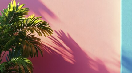 Obraz premium Lush palm foliage accents a stucco pink backdrop, complemented by an aqua accent wall and cast shadows for tropical serenity