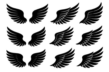 Icon set featuring various designs of black wings suitable for creative projects and designs