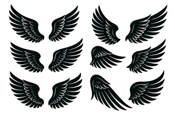 Icon set featuring various styles of black wings for creative design projects and artistic applications