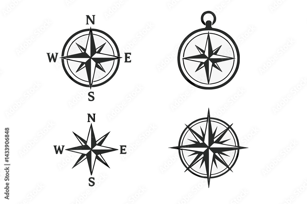 Poster collection of compass icons showcasing various designs for navigation and orientation