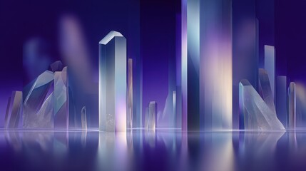 Abstract 3D illustration of crystal formations on a reflective surface, futuristic landscape concept. Perfect for tech backgrounds, digital art.