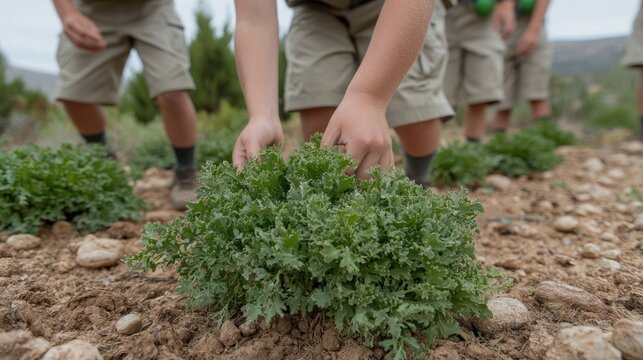 Hands tending young plants in a field