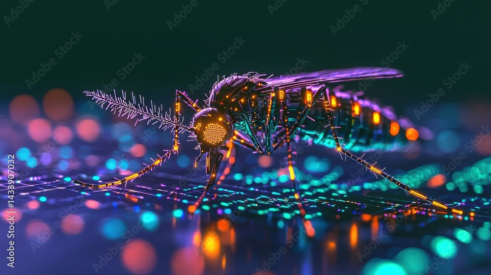 Aufkleber a digital rendering showcases a robotic mosquito illuminated with neon lights on a circuit board