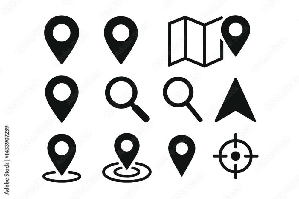 Poster icon set featuring various location markers, maps, and search symbols for navigation and mapping app