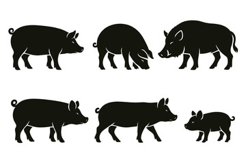Icon set showcasing various silhouettes of pigs and wild boars in different poses and sizes for creative projects