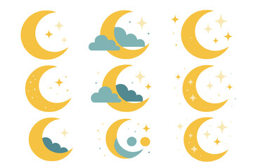 Moon and cloud icon set featuring various designs with stars for creative projects and decoration