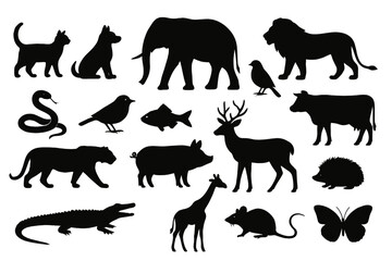 Collection of various animal silhouettes in black representing different species and their characteristics