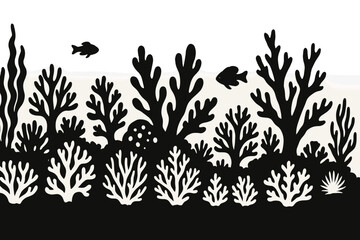 Intricate icon set featuring black and white coral designs with fish swimming among underwater flora