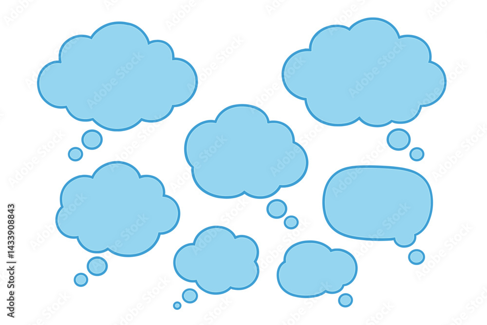 Poster various blue thought bubbles representing ideas and concepts suitable for design projects and creati