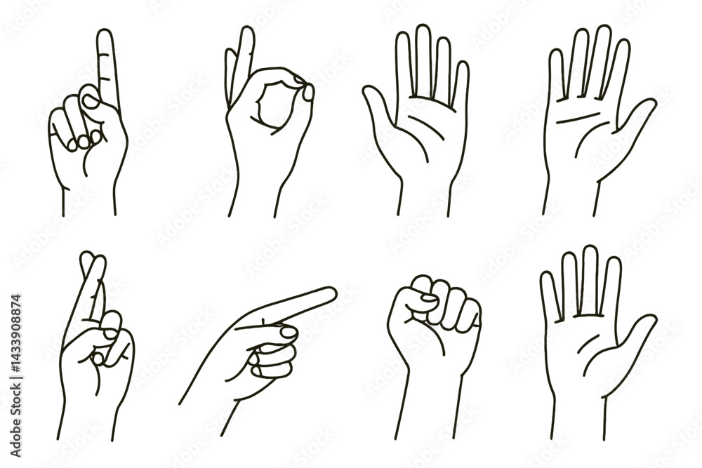Poster icon set of hand gestures showing various expressions and meanings for communication and interaction