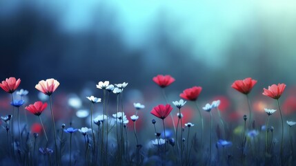 Obraz premium Gentle poppy bloom meadow featuring blue and red hues with soft lighting creates a dreamlike tranquil wildflower landscape