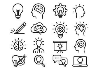 Creative icon set featuring light bulbs, brains, gears, and silhouettes representing ideas and innovation in various designs