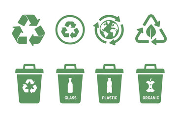 Icon set depicting recycling symbols and waste classification bins for environmentally friendly practices
