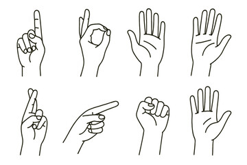 Icon set of hand gestures showing various expressions and meanings for communication and interaction