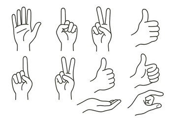 Icon set displaying various hand gestures such as victory sign, thumbs up, and others in simple line art format