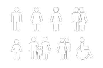 Icon set depicting diverse human figures for various social interactions and inclusivity in everyday activities