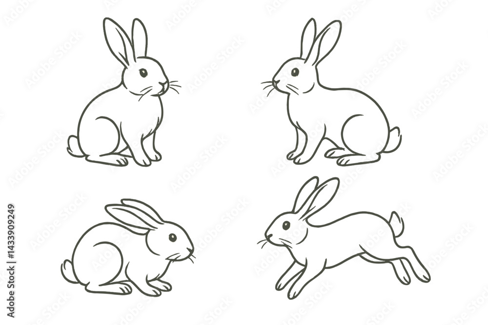 Poster set of four simple rabbit icons showcasing different poses and movements in a minimalist style