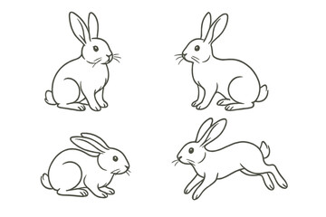 Set of four simple rabbit icons showcasing different poses and movements in a minimalist style