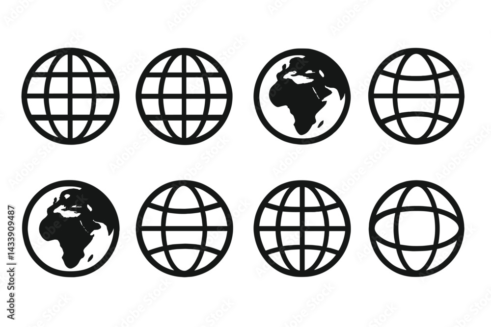 Poster icon set featuring various globe designs in black and white suitable for digital and print applicati