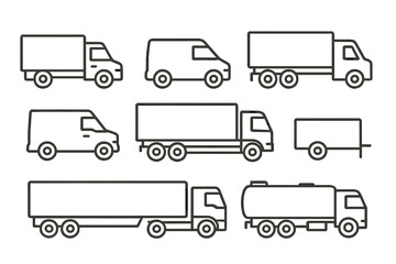 Variety of delivery trucks and vans in a simple line art style suitable for transport and logistics themes