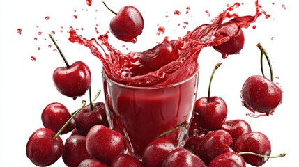 Juice splashing cherries kitchen table food photography white background close-up antioxidant rich