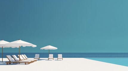 Obraz premium Seascape Vista with Loungers, White Umbrellas, and Infinity Pool Overlooking the Ocean on Summer Day