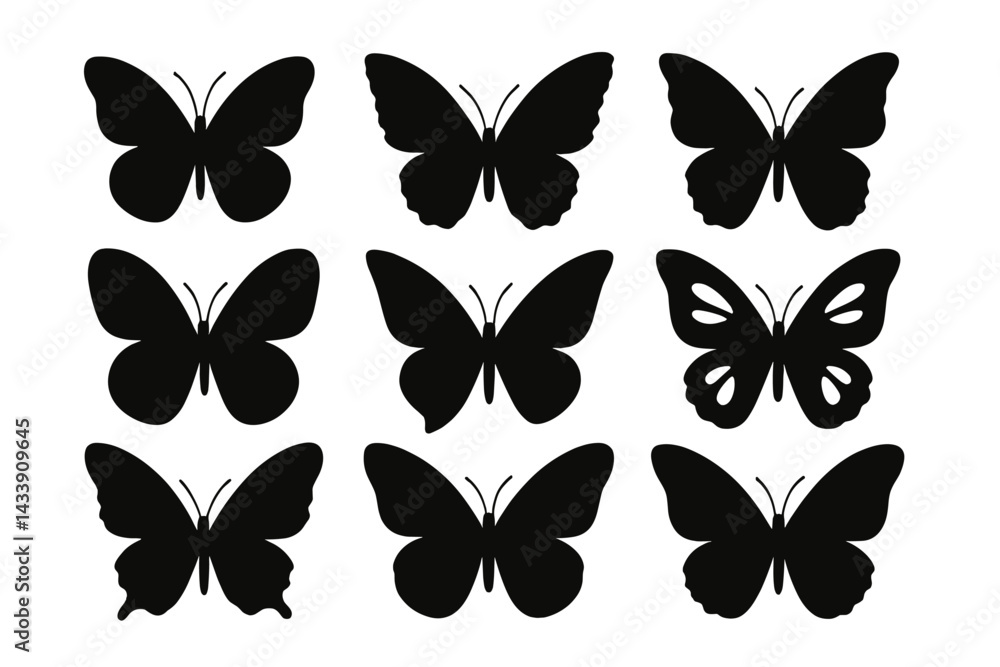 Poster icon set of various butterfly silhouettes arranged in a 3 by 3 grid for design projects and creative
