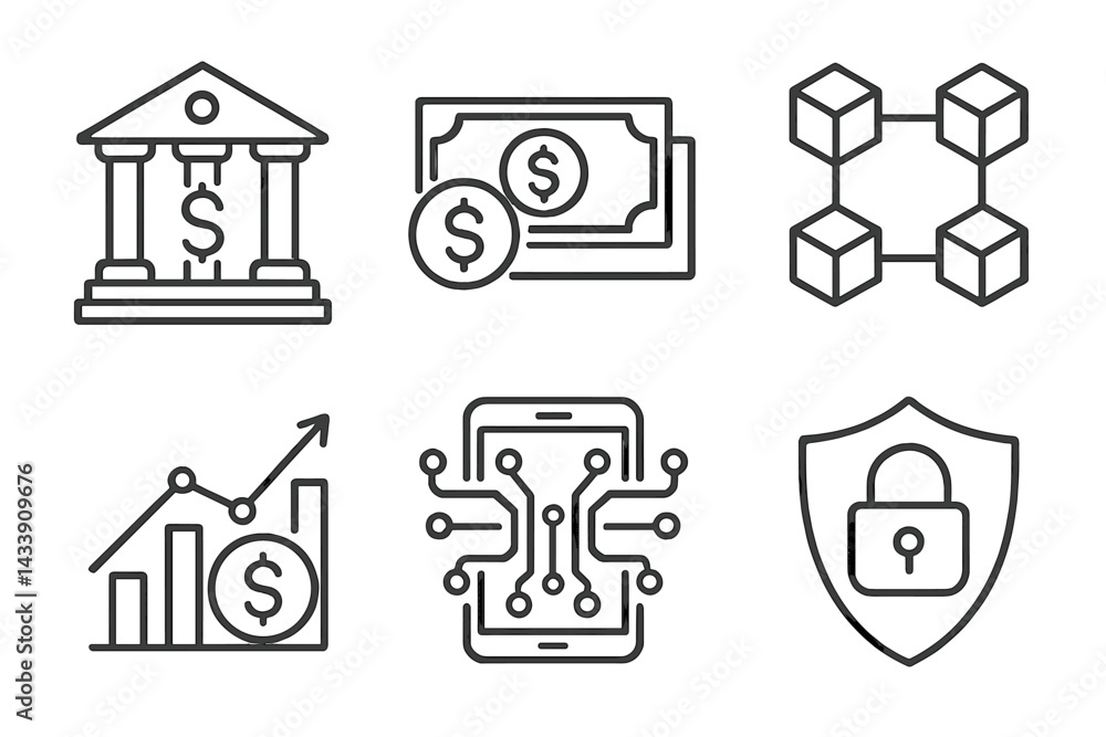 Poster icon set representing finance, banking, blockchain technology, digital transactions, and security fe