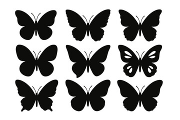 Icon set of various butterfly silhouettes arranged in a 3 by 3 grid for design projects and creative applications