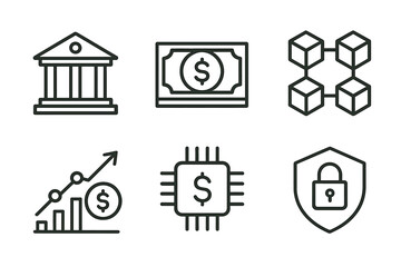 Icon set representing finance, security, and technology concepts for digital transactions and economic growth
