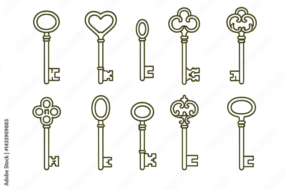 Poster icon set featuring various key designs with intricate shapes and styles for creative projects and di