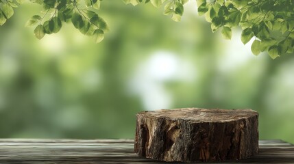 Woodland Display Platform: Rustic Log Stand with Forest Canopy, Natural Presentation Space for Products or Food