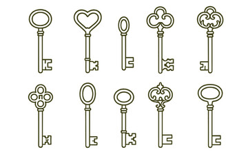 Icon set featuring various key designs with intricate shapes and styles for creative projects and digital use