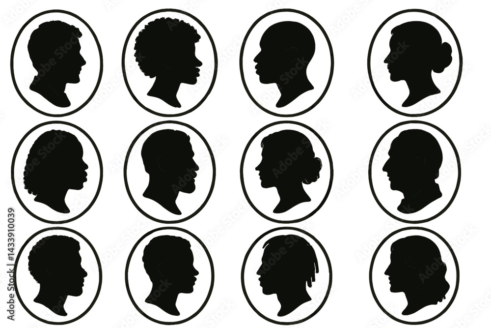 Poster silhouette icon set featuring diverse profiles in oval frames for design and artistic applications