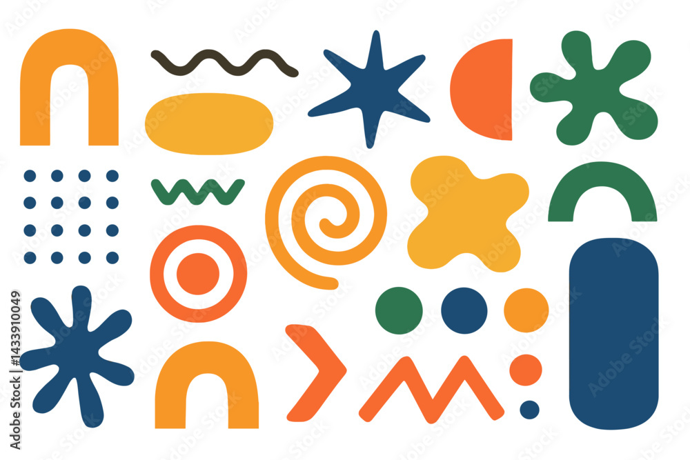 Poster colorful icon set featuring various geometric shapes and vibrant patterns for design projects and cr
