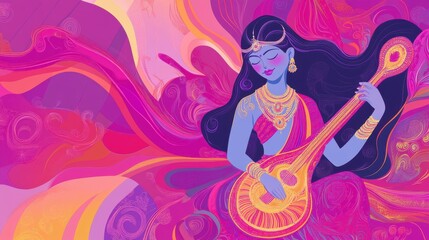 Obraz premium Woman Playing Sitar in Vibrant Pink and Purple Digital Art