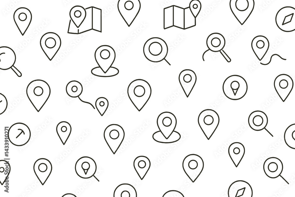 Poster collection of location icons featuring various map markers and search symbols on a clean background