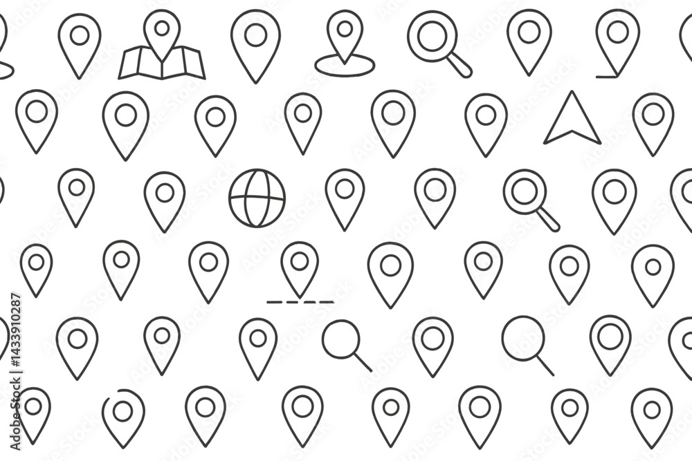 Poster variety of location icons for mapping and navigation applications displayed in a simple layout