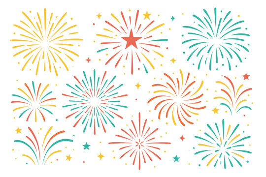 Colorful icon set featuring various firework designs in vibrant colors for festive illustrations and graphics