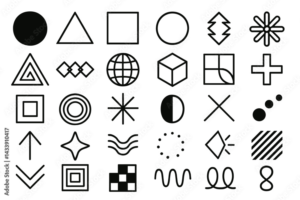 Aufkleber icon set featuring geometric shapes and simple designs for various applications and projects