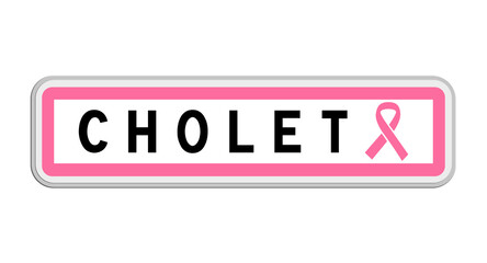 Panneau de sortie de Cholet, Maine-et-Loire, Pays de la Loire avec Ruban Octobre Rose