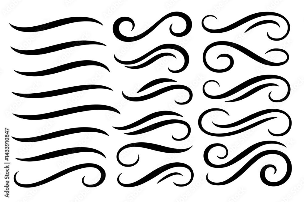Poster collection of decorative icon set featuring various swirl designs and line patterns for creative pro