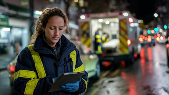 Female emergency medical worker in reflective high-visibility jacket using digital tablet during night street intervention with ambulance in background, Generative AI