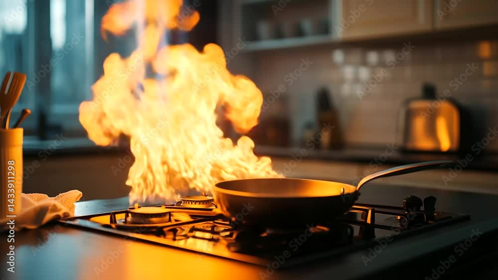 Poster an out-of-control kitchen fire spreads across the stovetop, as utensils and towels lie dangerously c