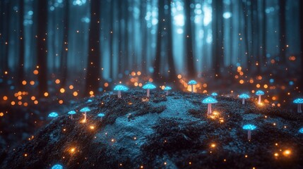 Enchanted forest illuminated by glowing mushrooms